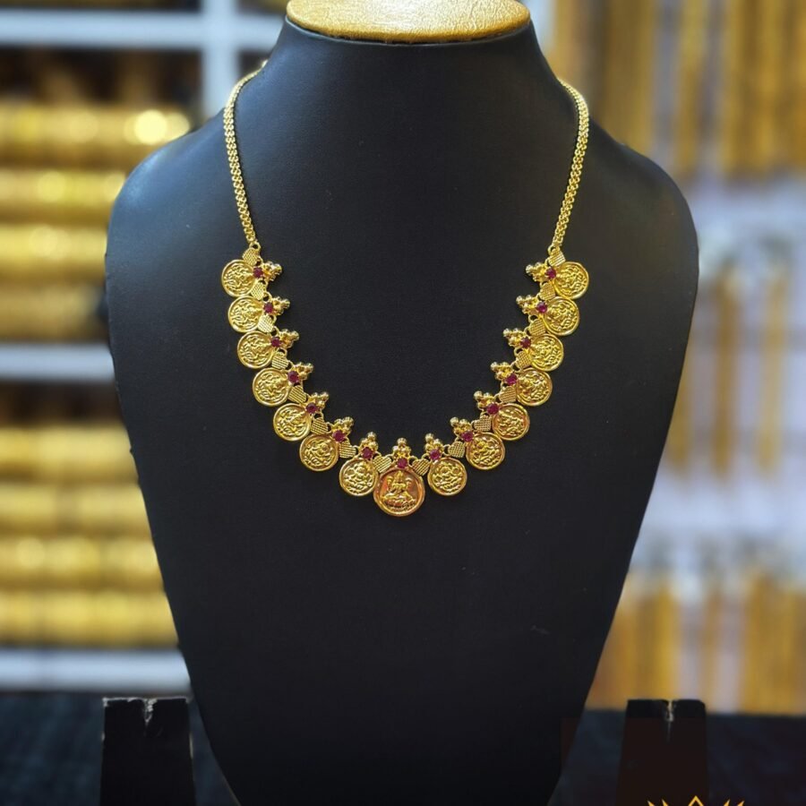 Gold plated Lekshmi kassu necklace with Ruby stones