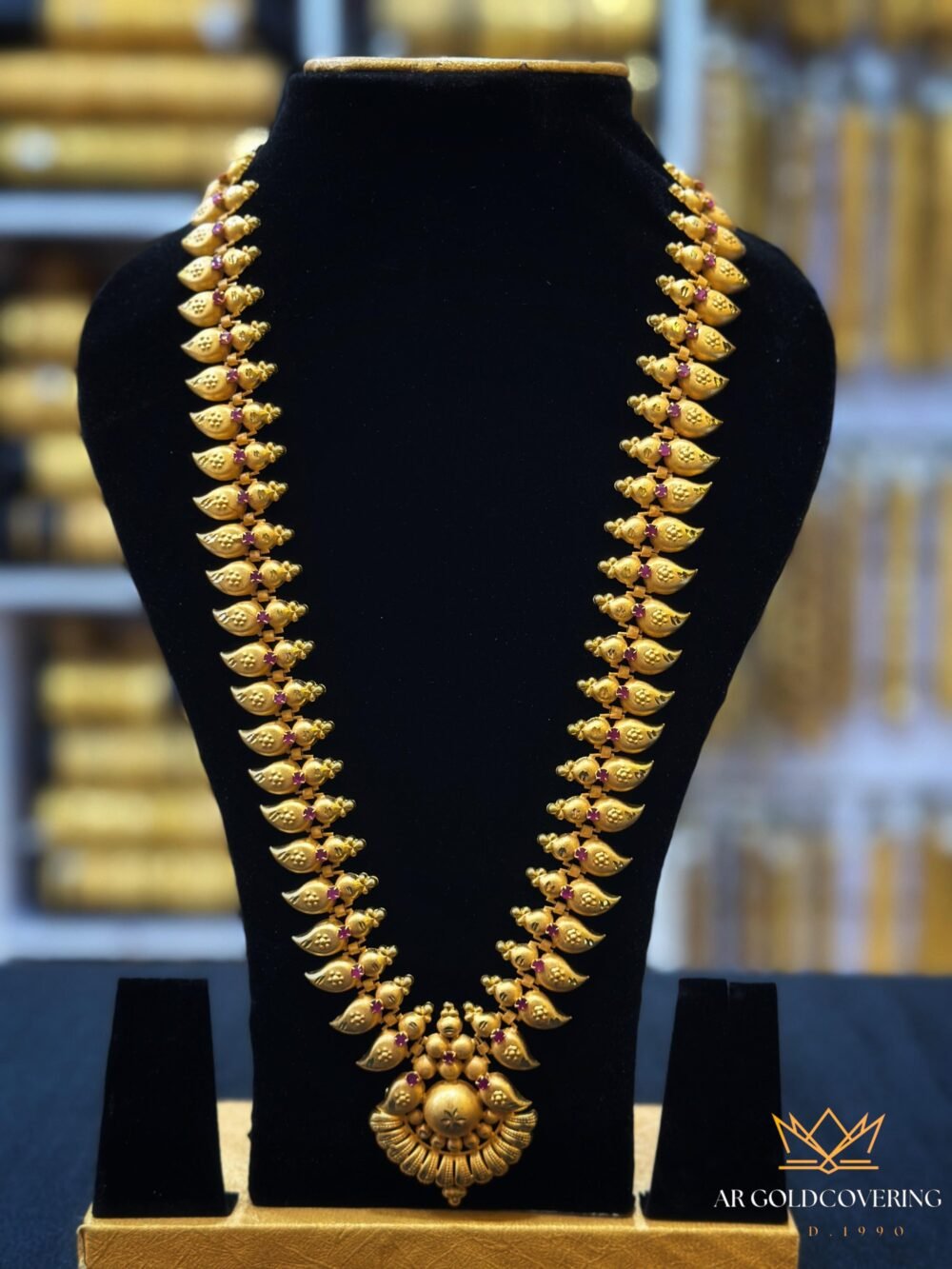 Gold plated Kerala traditional long haram with Ruby stones