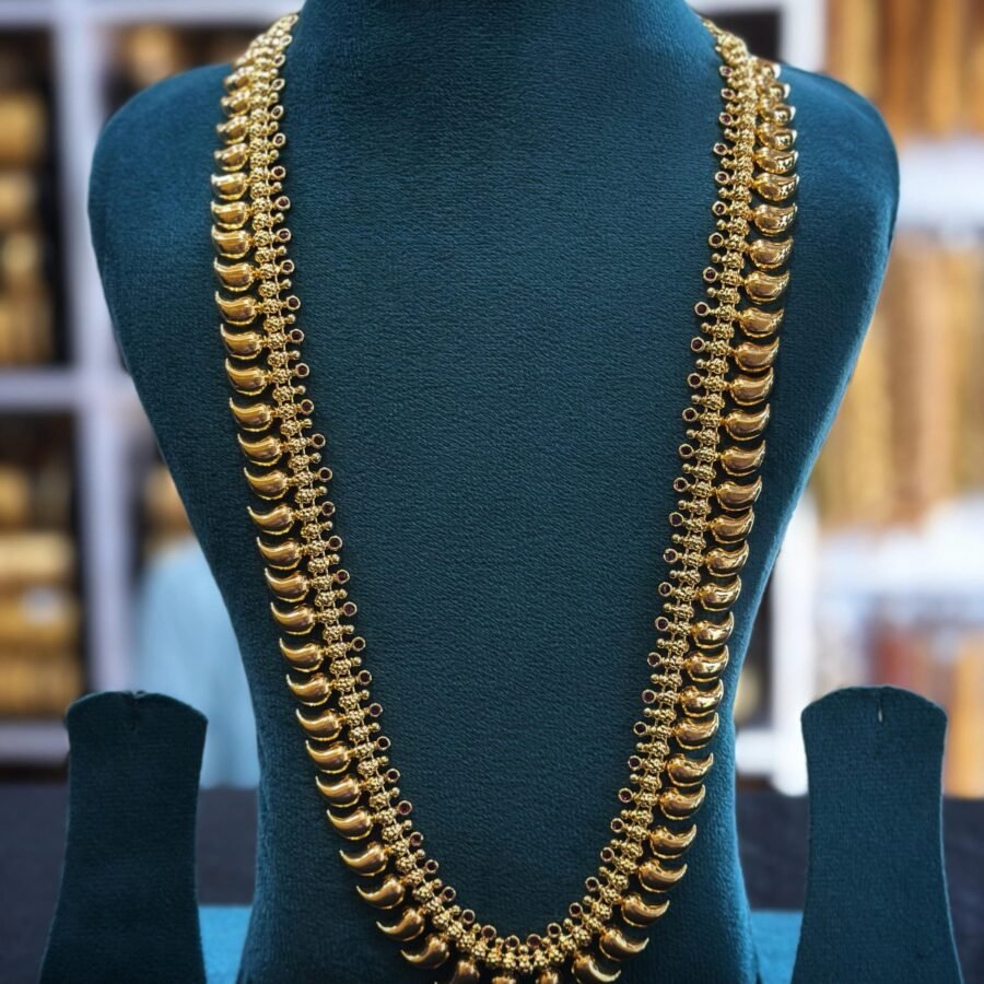 Gold plated mango long haram with Ruby stones (0082)