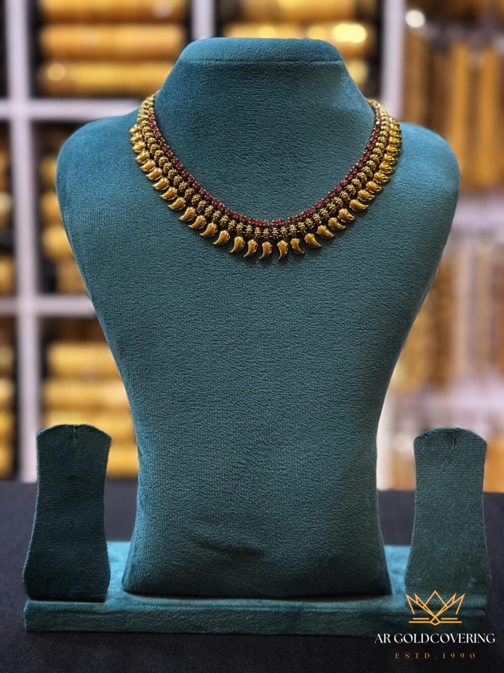 Gold plated Antique finish mango necklace with Ruby stones (00117)