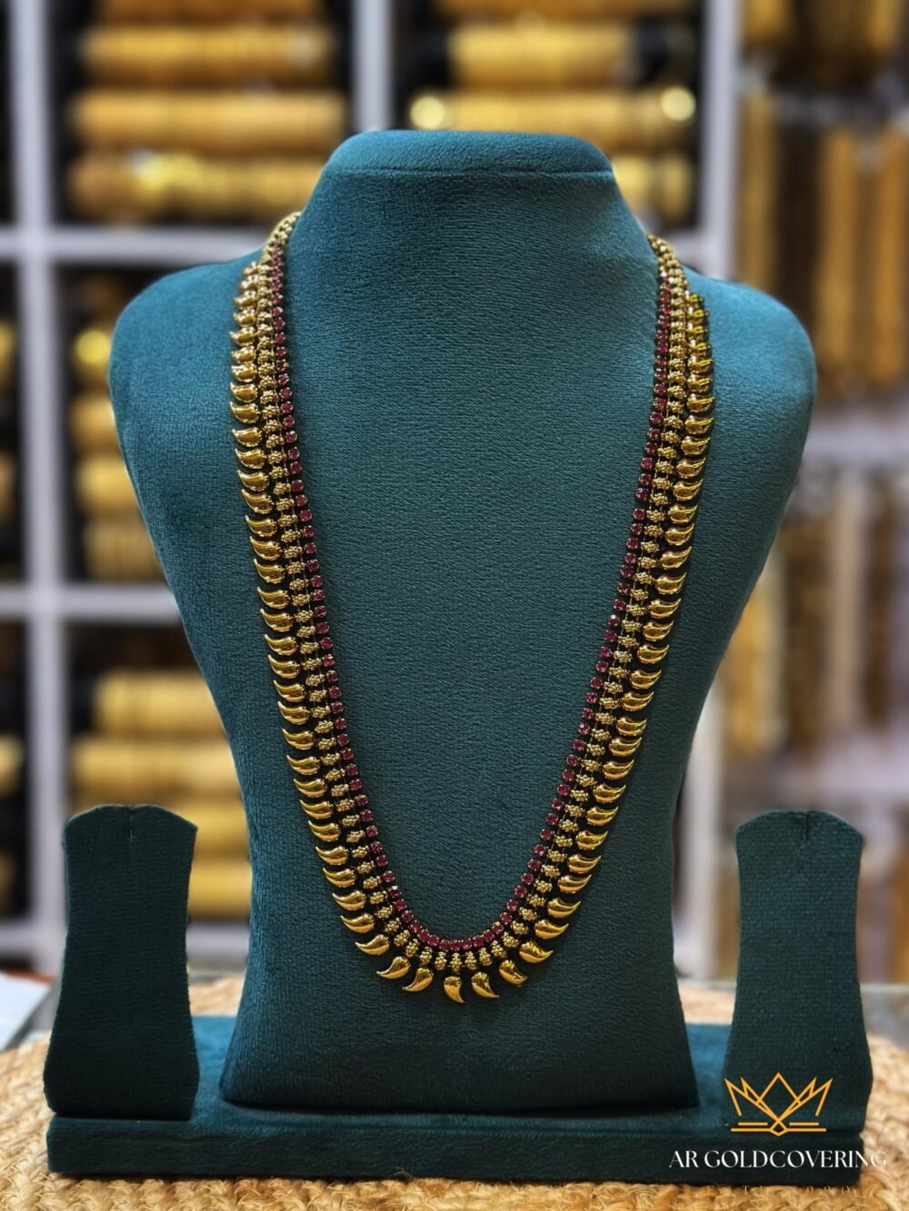 Gold plated antique finish mango long haram with Ruby stones(00124)