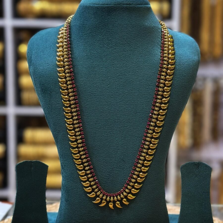 Gold plated antique finish mango long haram with Ruby stones(00124)