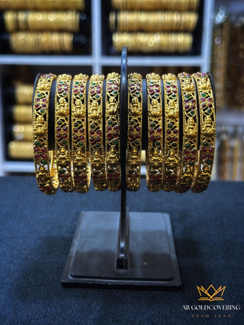 Antique finish Lekshmi bangles with multicoloured kemp stones(0010)