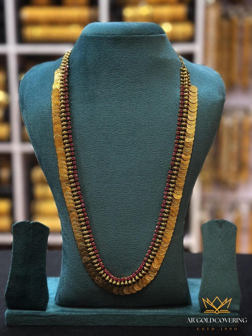 Gold plated Antique look kerala traditional long kassu haram with Ruby stones(0049)