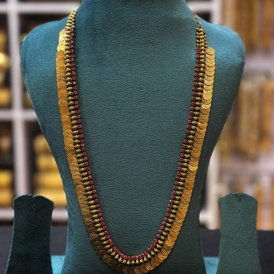 Gold plated Antique look kerala traditional long kassu haram with Ruby stones(0049)