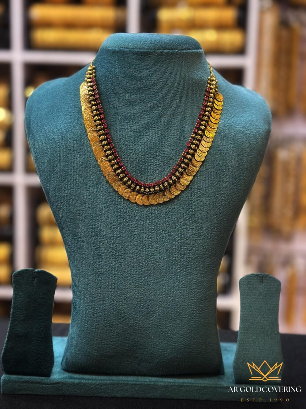 Gold plated Antique look short Lekshmi kassu haram with Ruby stones(0050)