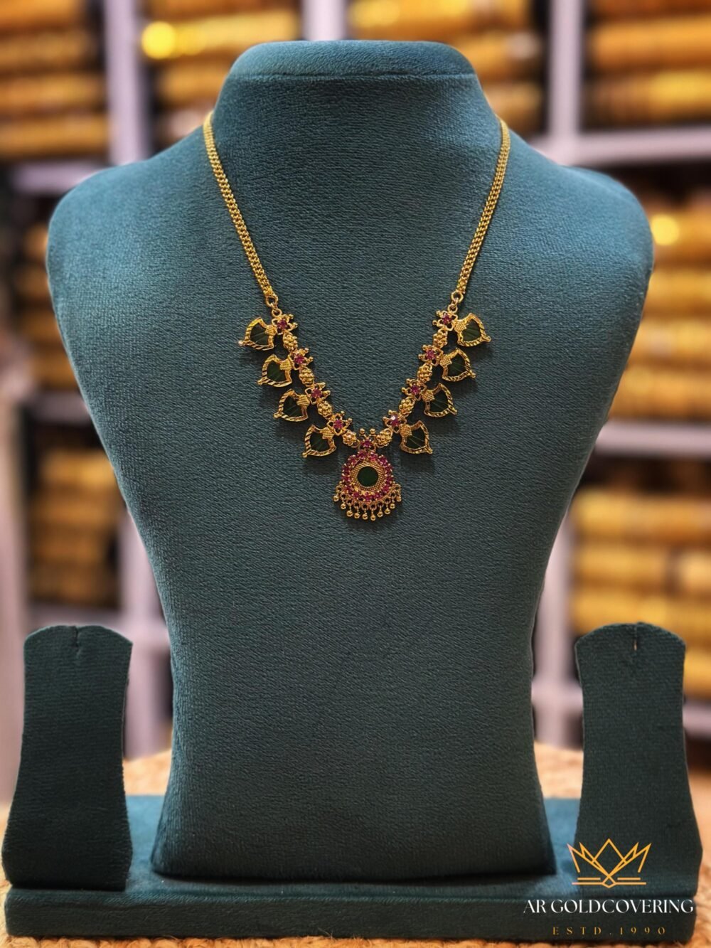 Gold plated antique finish palakka necklace with real palakka stones(00132)