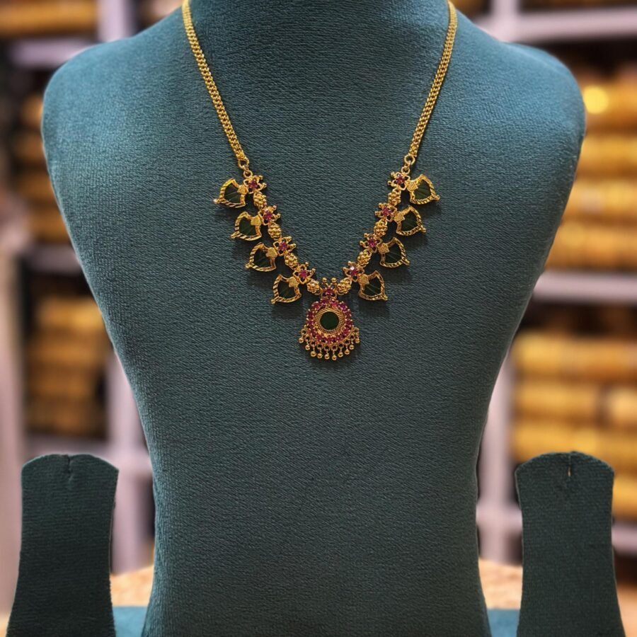 Gold plated antique finish palakka necklace with real palakka stones(00132)