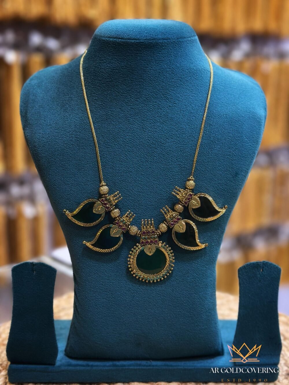 Gold plated Antique finish palakka necklace with real palakka stones(00142)