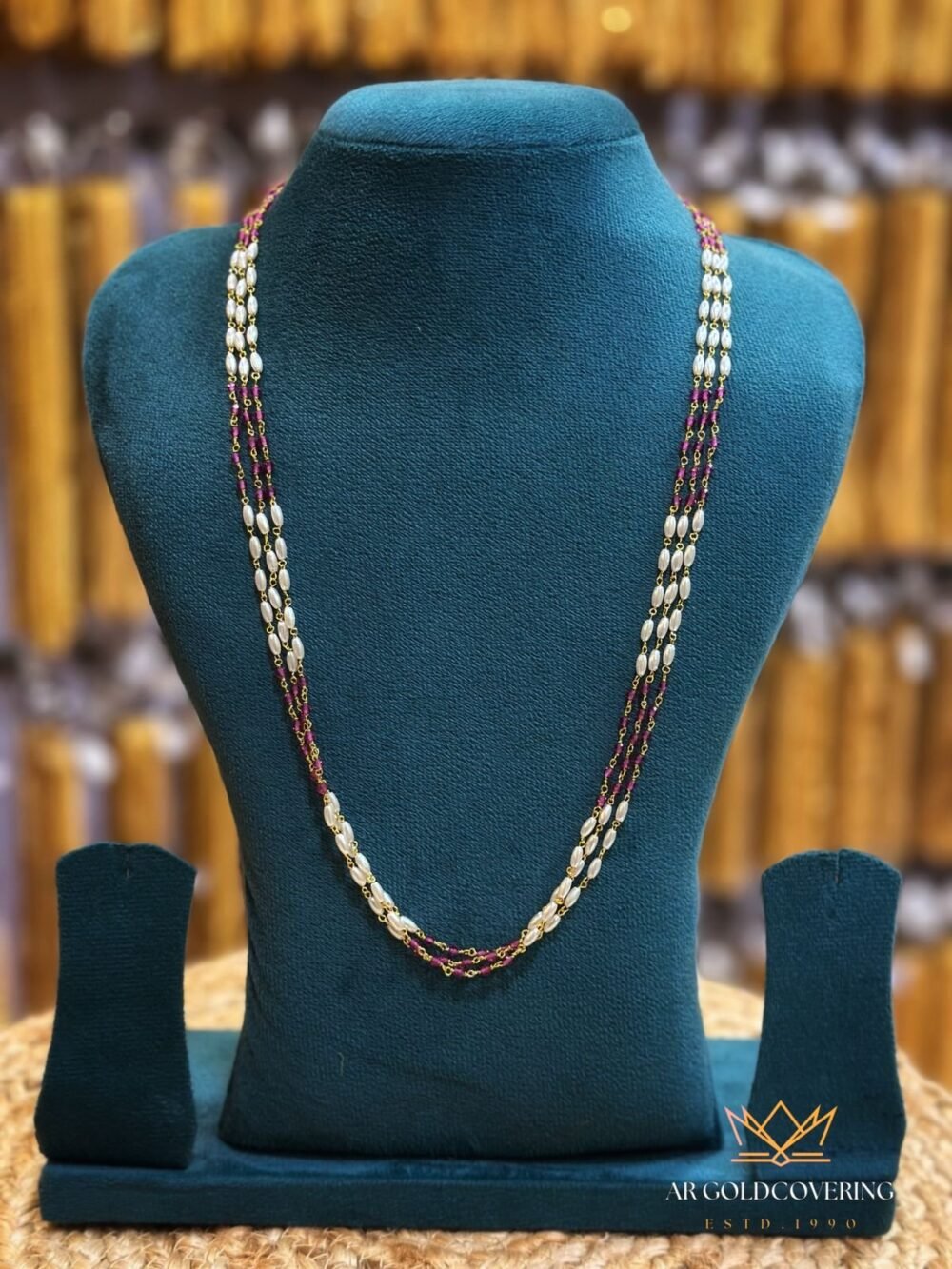 Gold plated 3 layers pearls chain with crystal beads(00147)