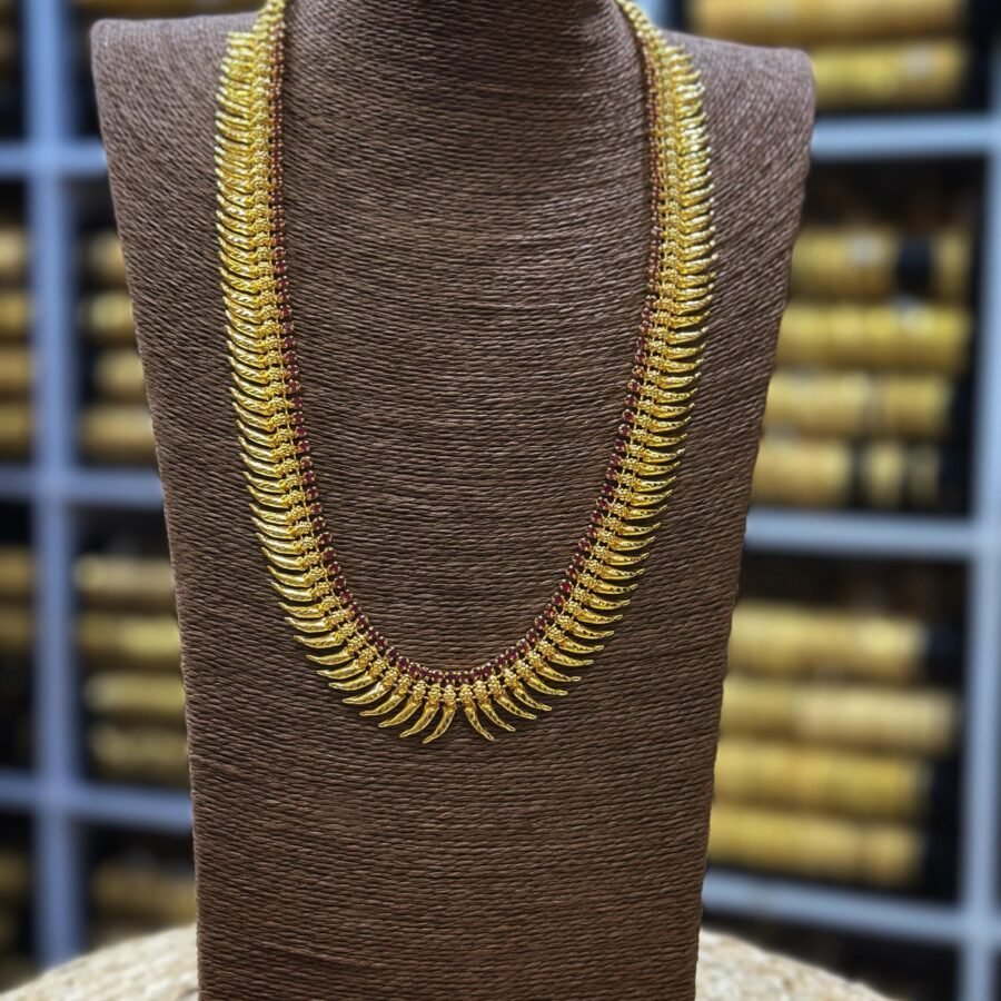Gold plated pulinakham shaped long haram with Ruby stones(00155)