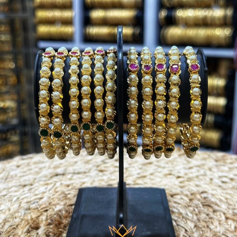 Gold plated pearls bangle with Ruby and Emerald stones(00189)