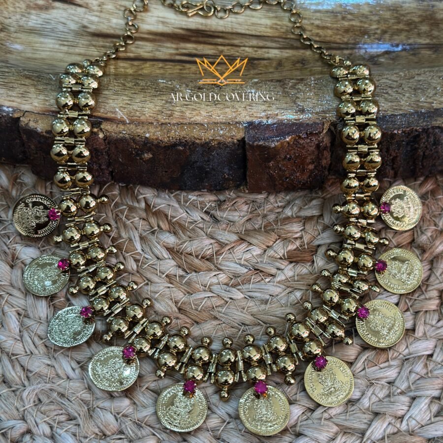 Gold plated Antique finish Lekshmi coin necklace with Ruby stones(00193)