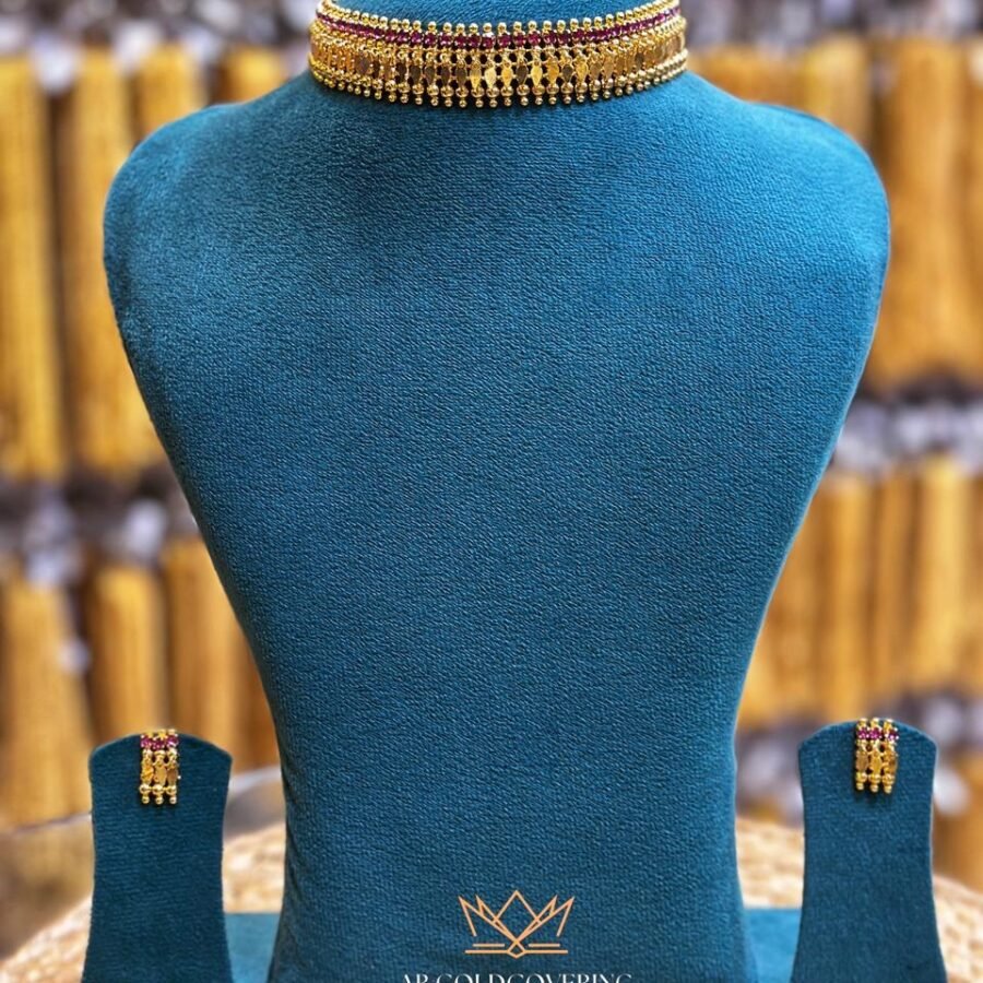 Gold plated 1 line Elakkathali with Ruby stones and with earrings(00183)