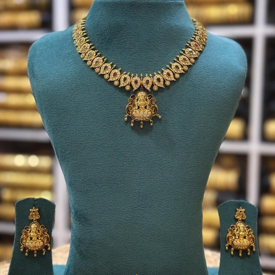 Gold plated Antique finish Lekshmi short haram with earrings (00247)