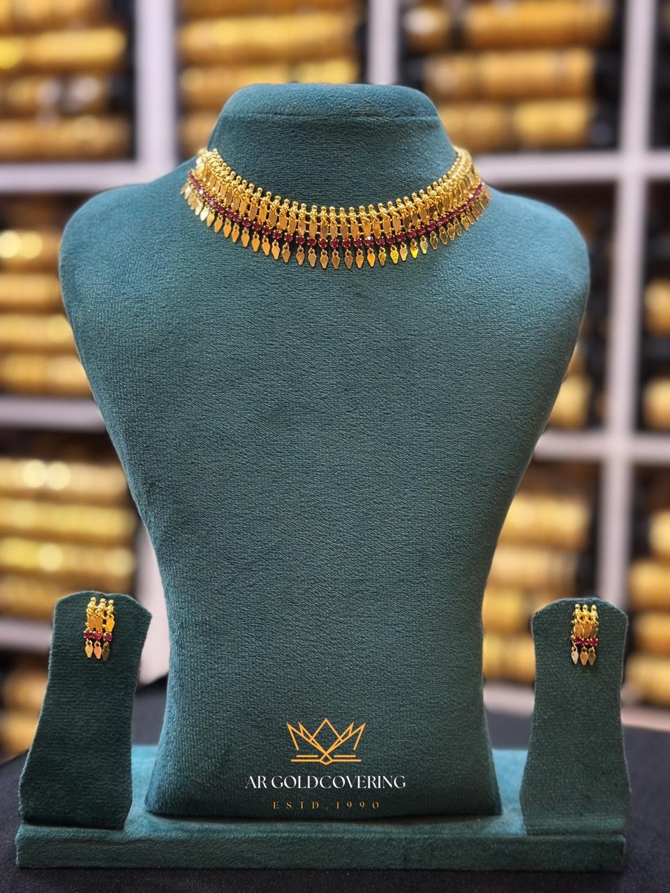 Gold Plated 2line Elakkathali With Ruby Stones_00252