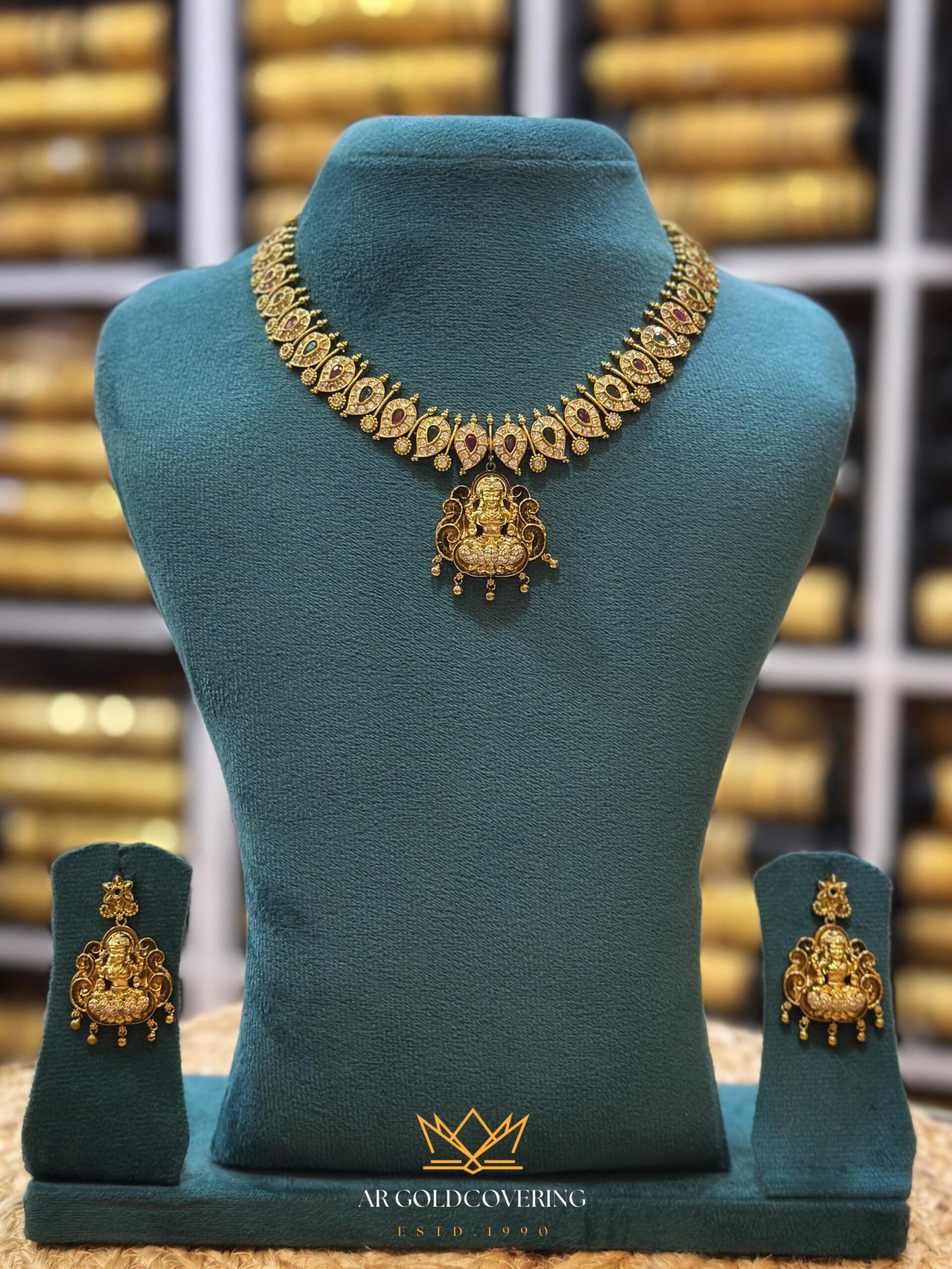 Gold Plated Antique Finish Lekshmi Short haram With Earrings_00247