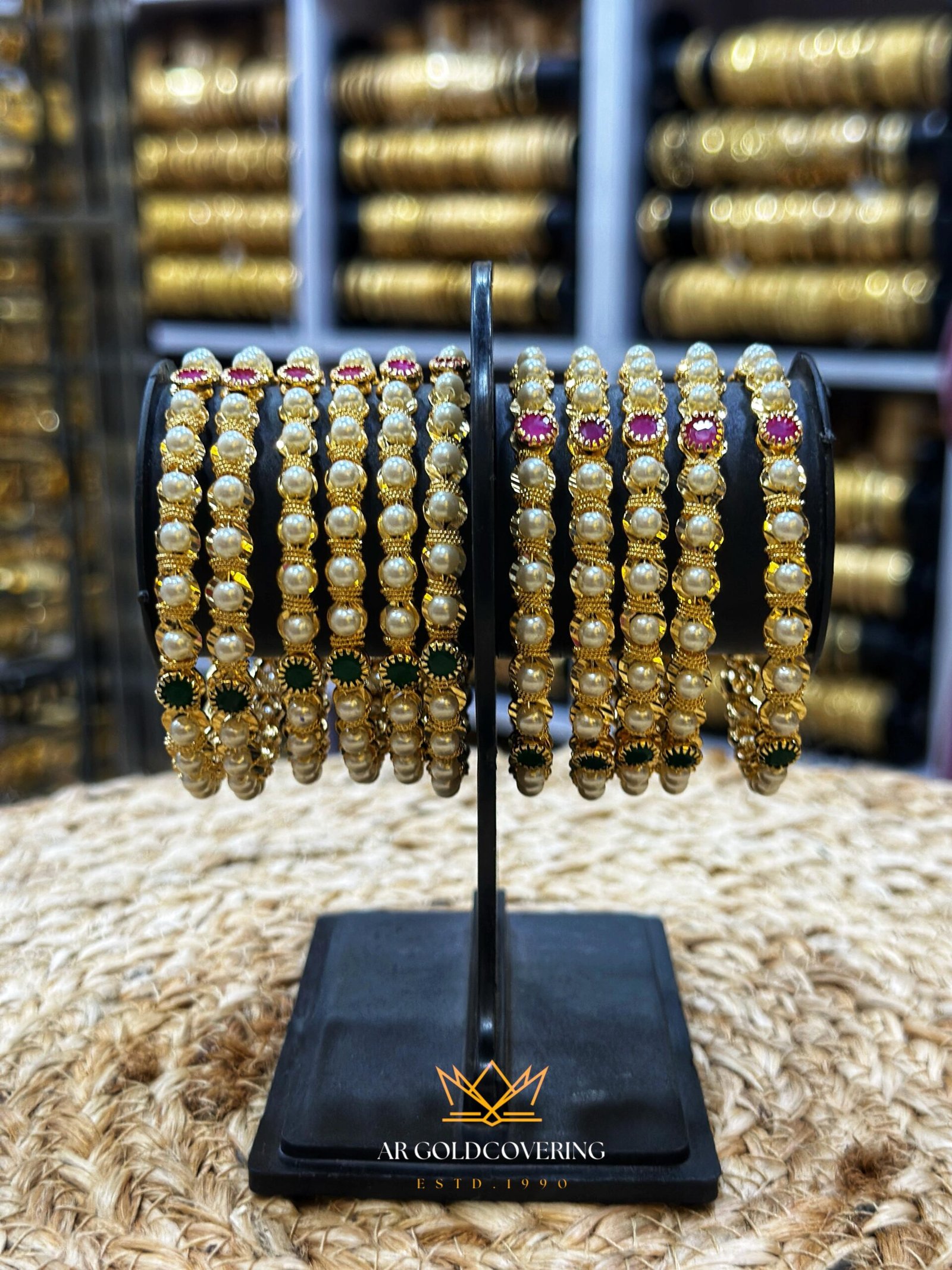 Gold Plated Pearl Bangles With Ruby And Emerald stones_00189